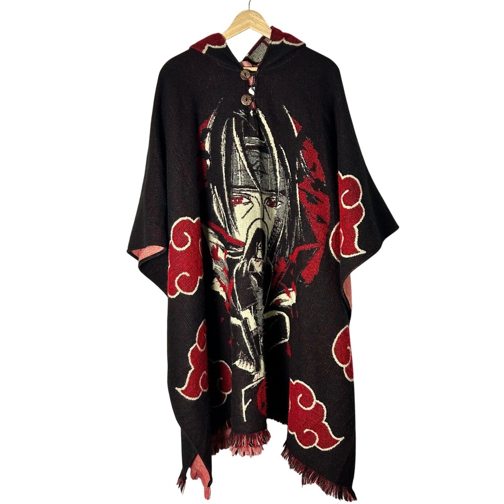 Itachi Akatsuki Poncho Unisex OS Black Red Hooded Knit Wrap Akatsuki Cloud
